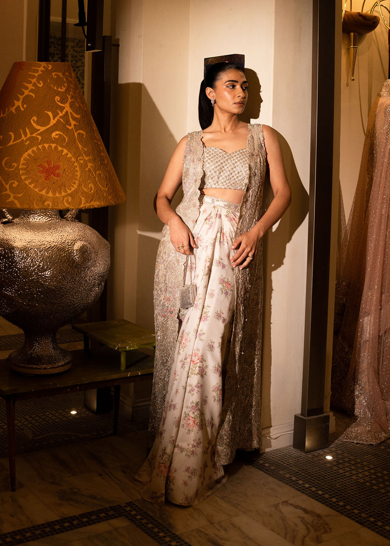 Silver Embellished Net Jacket with Floral Sharara (3-Piece) - Image 1