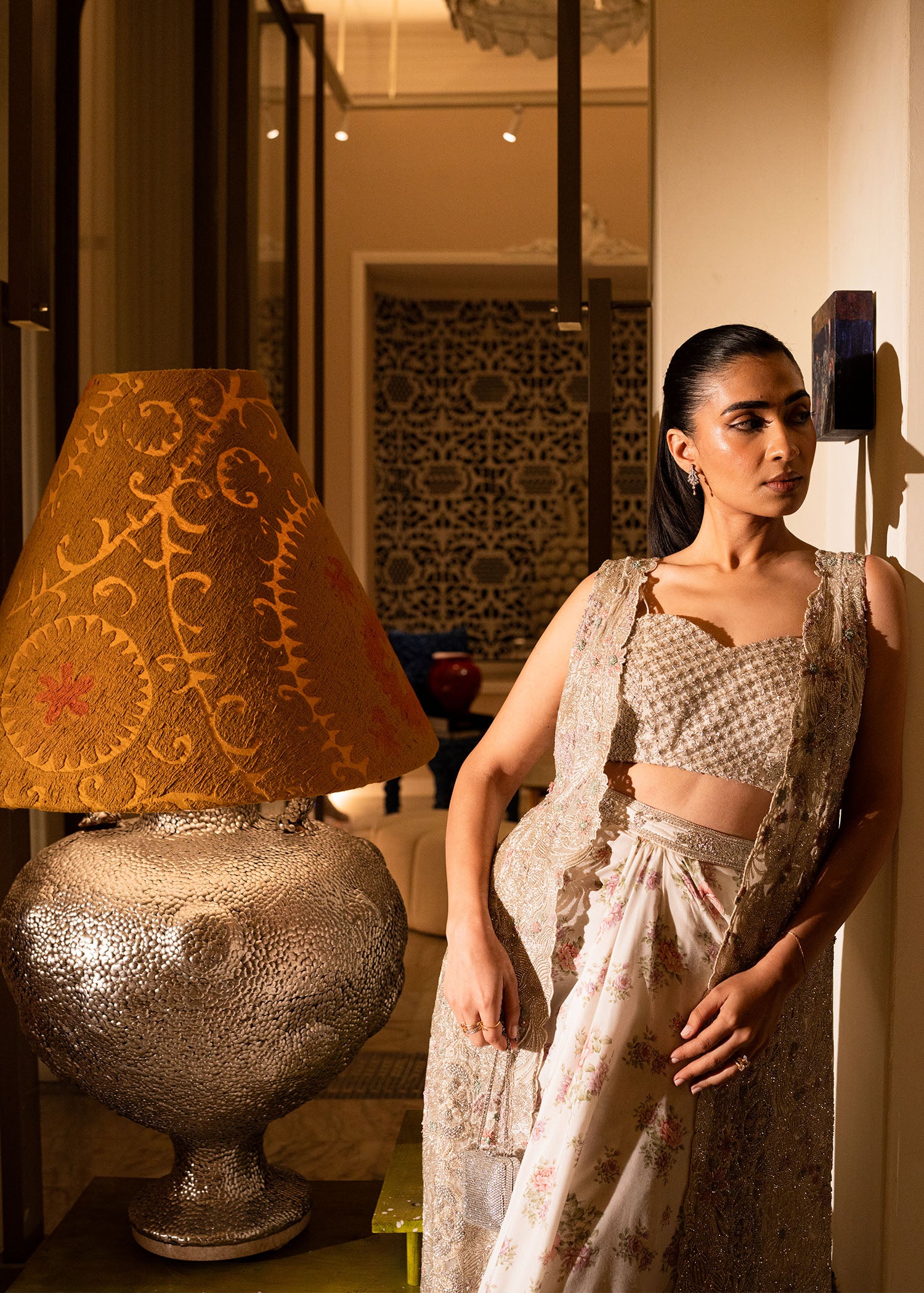 Silver Embellished Net Jacket with Floral Sharara (3-Piece) - Image 3