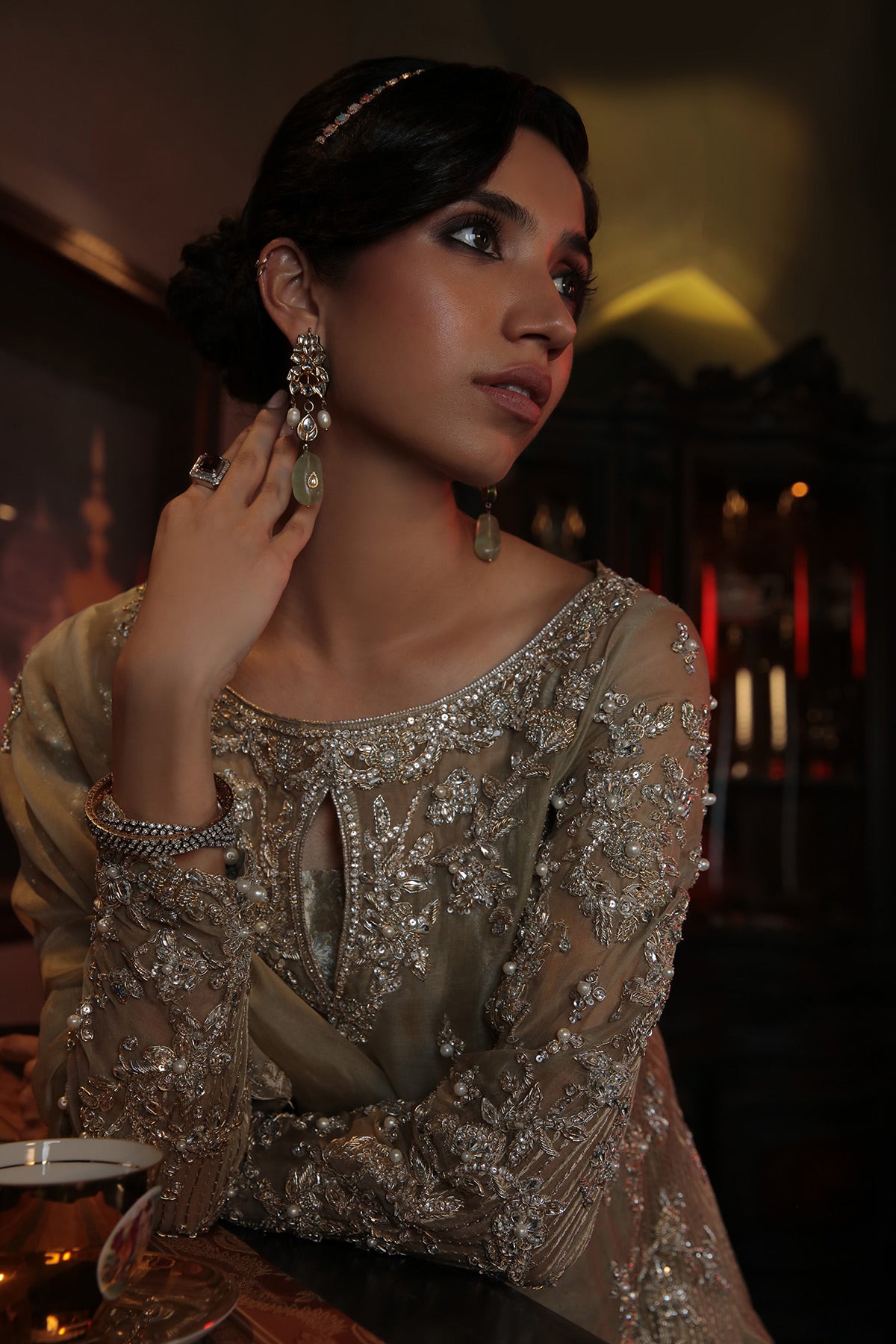 Silver Grey Embellished Organza & Jamawar Sharara (3-Piece) - Image 2