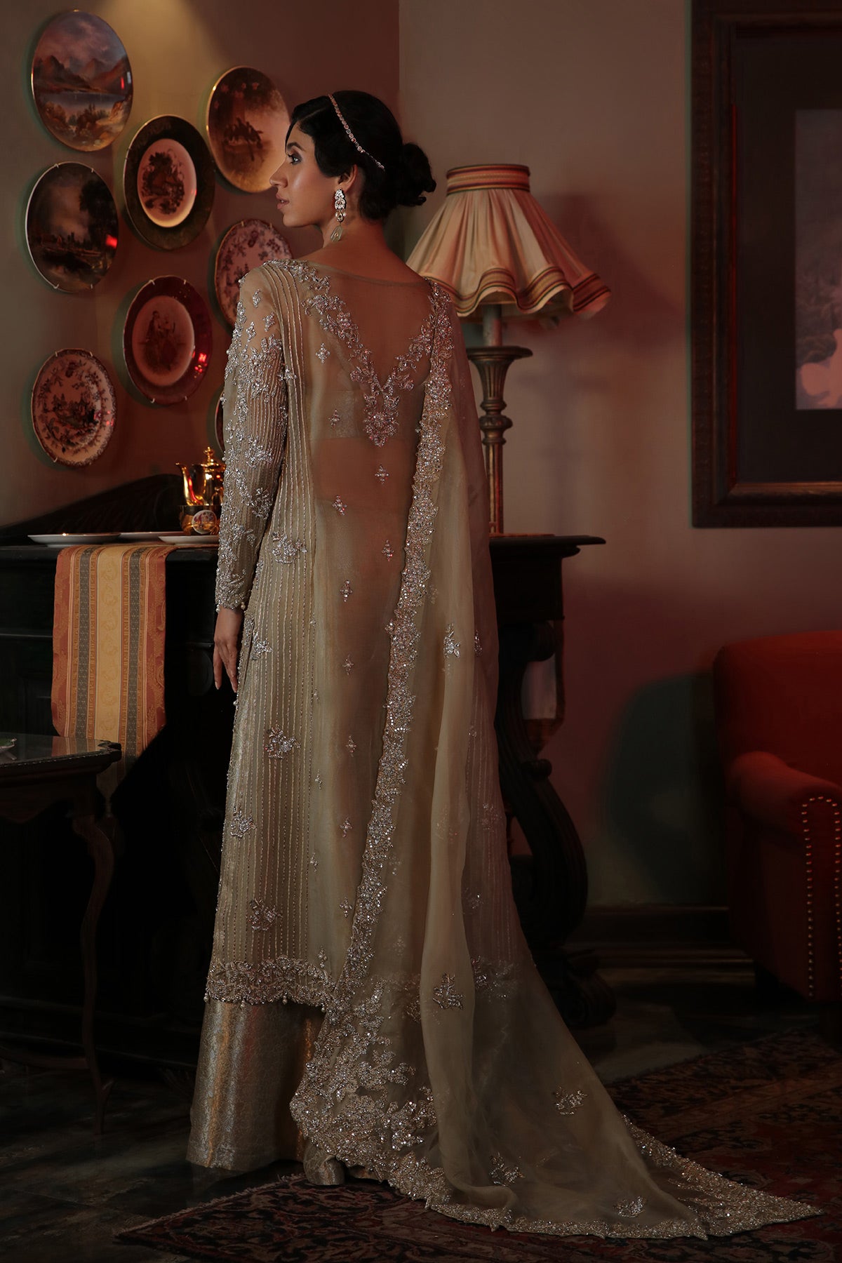 Silver Grey Embellished Organza & Jamawar Sharara (3-Piece) - Image 3