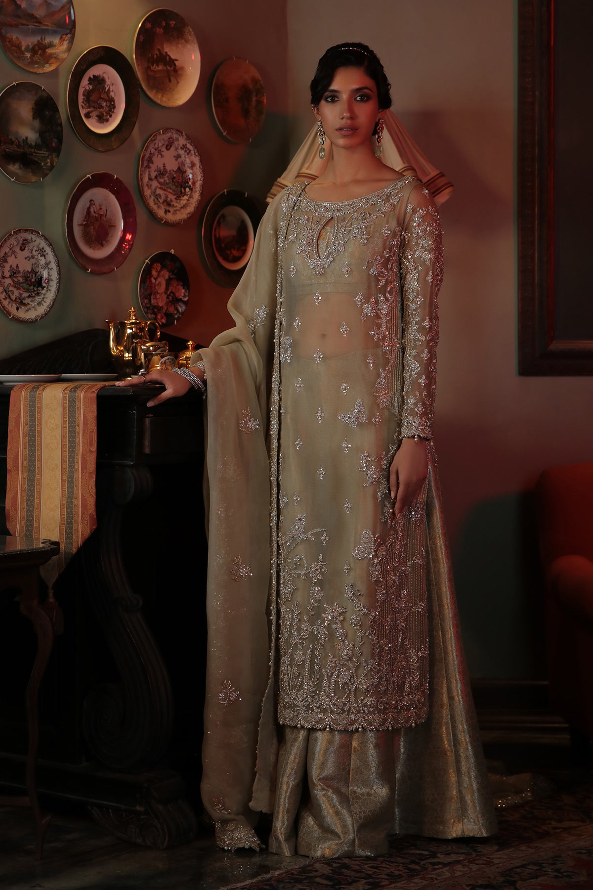 Silver Grey Embellished Organza & Jamawar Sharara (3-Piece) - Image 7
