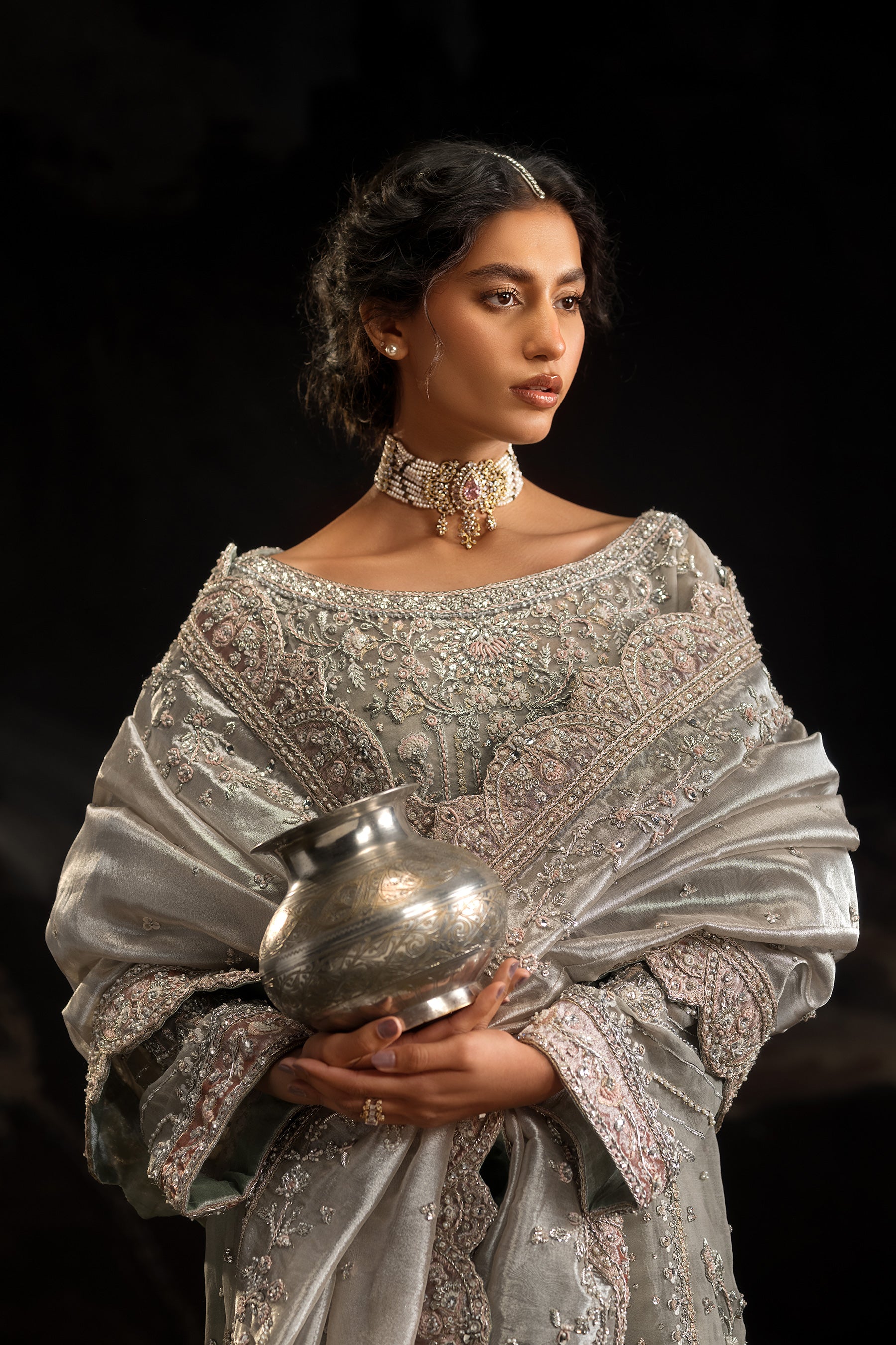 Pakistani Silver Dove Grey Embroidered Organza & Jamawar Sharara (4-Piece) - Image 2