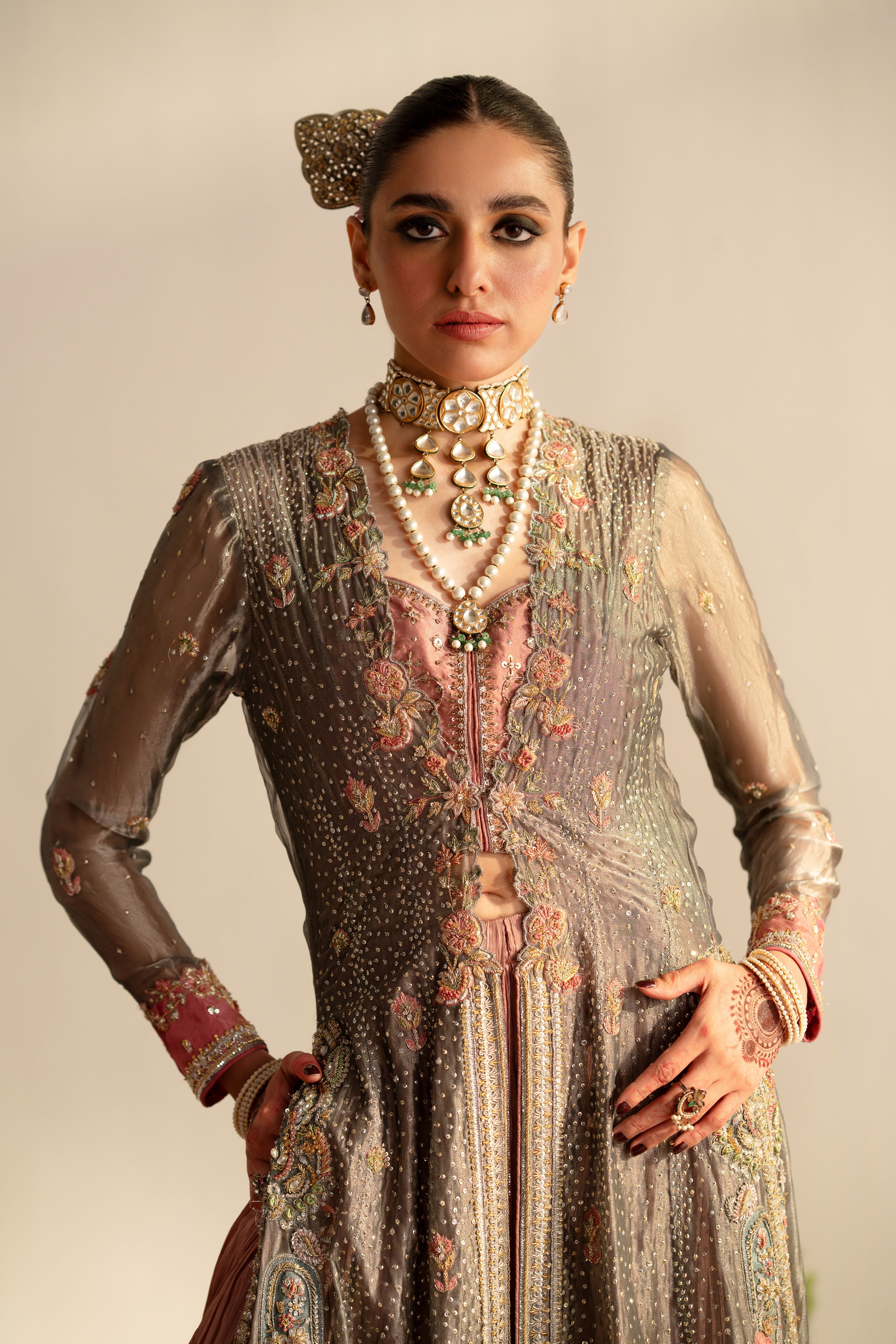 Silver Embroidered Tissue Jacket with Pink Silk Sharara (3-Piece) - Image 1