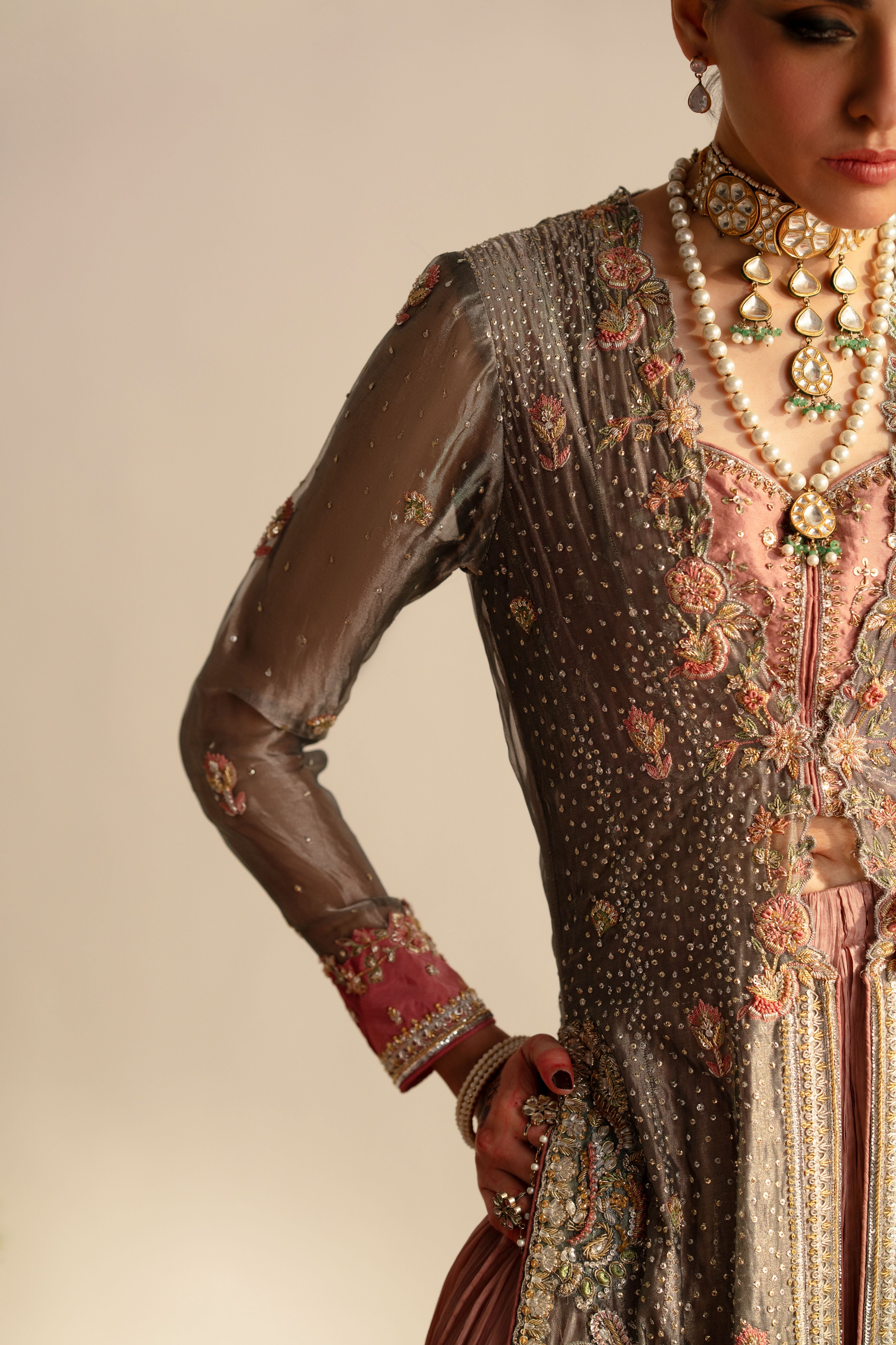 Silver Embroidered Tissue Jacket with Pink Silk Sharara (3-Piece) - Image 2