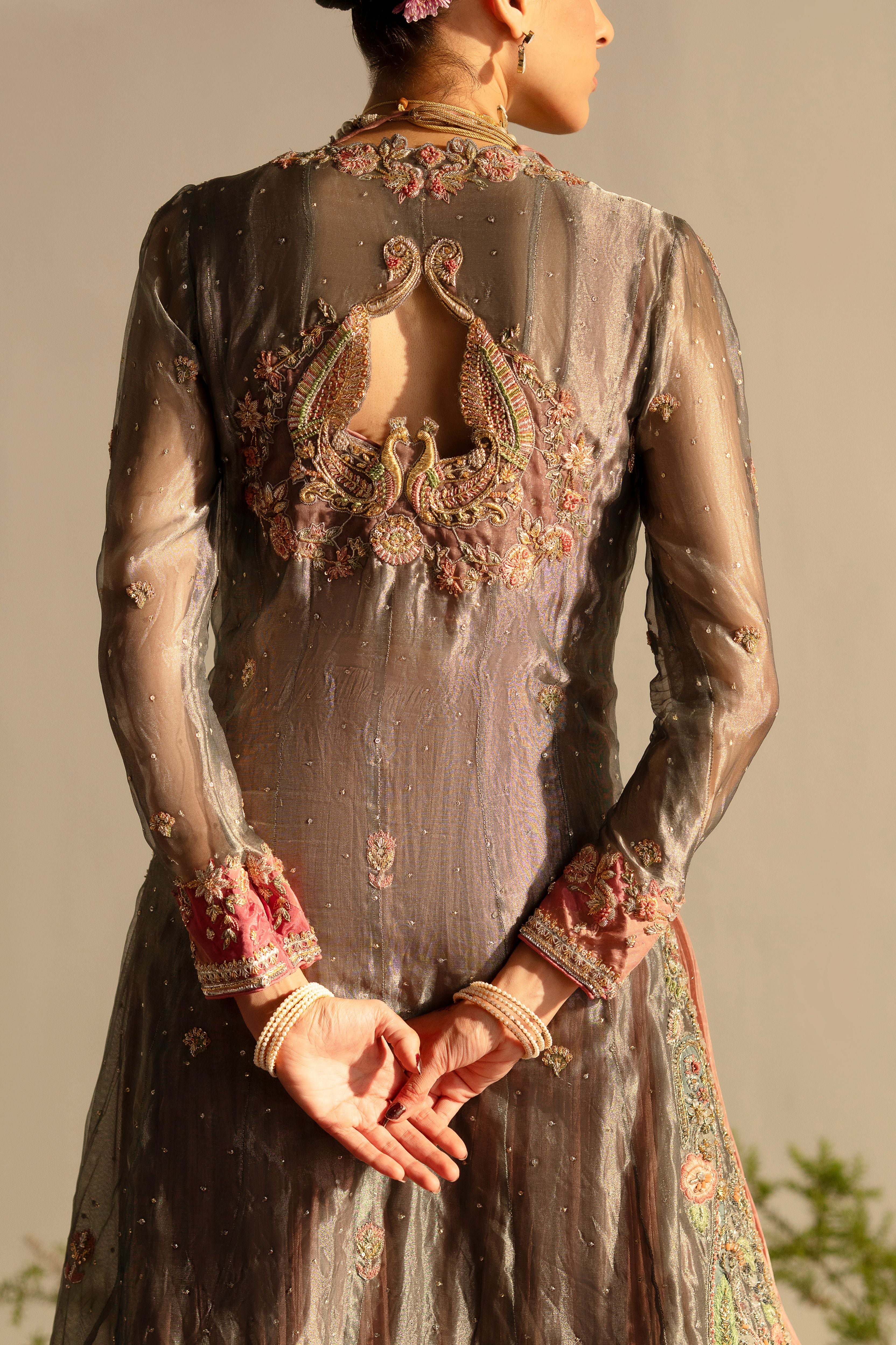 Silver Embroidered Tissue Jacket with Pink Silk Sharara (3-Piece) - Image 3