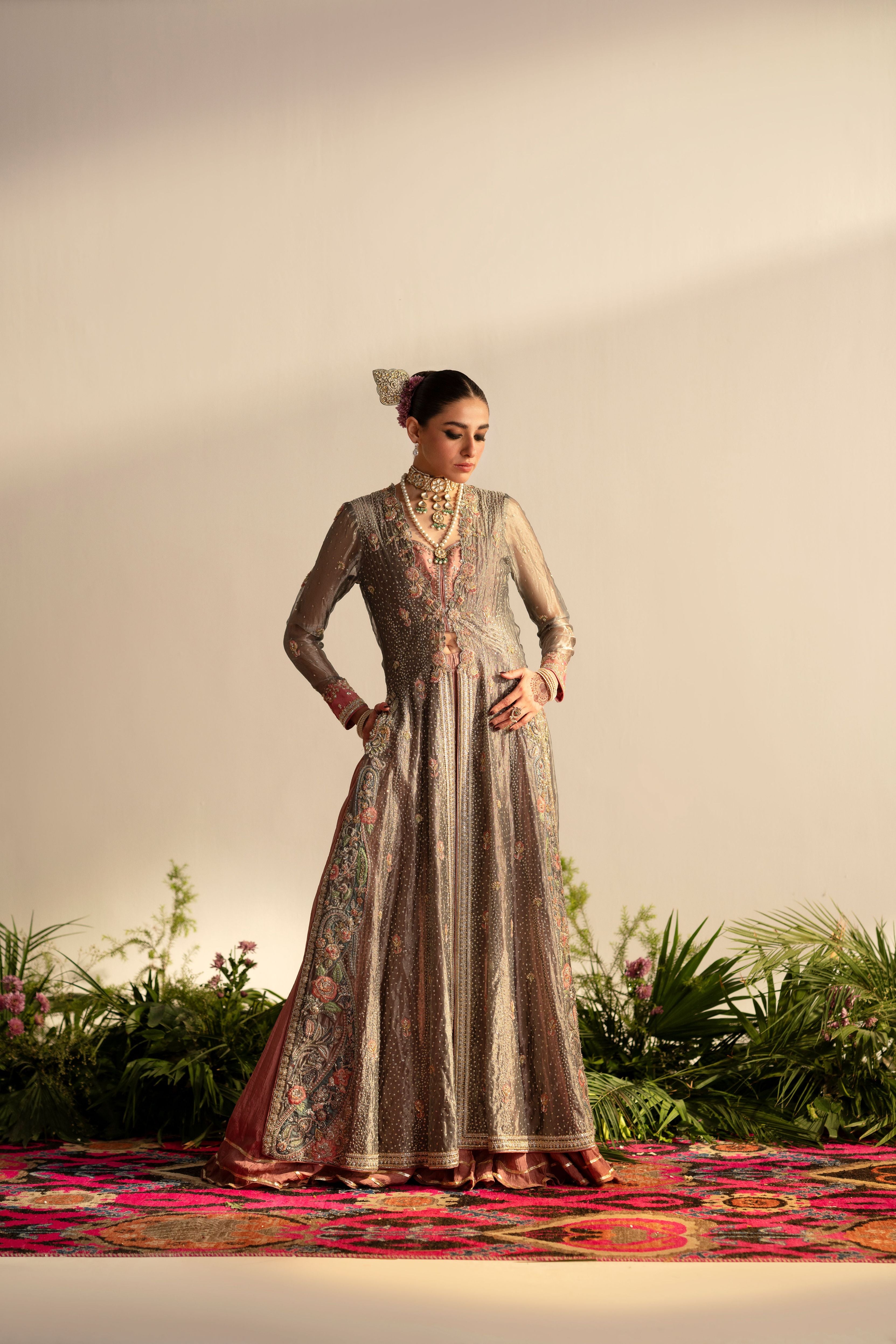 Silver Embroidered Tissue Jacket with Pink Silk Sharara (3-Piece) - Image 5