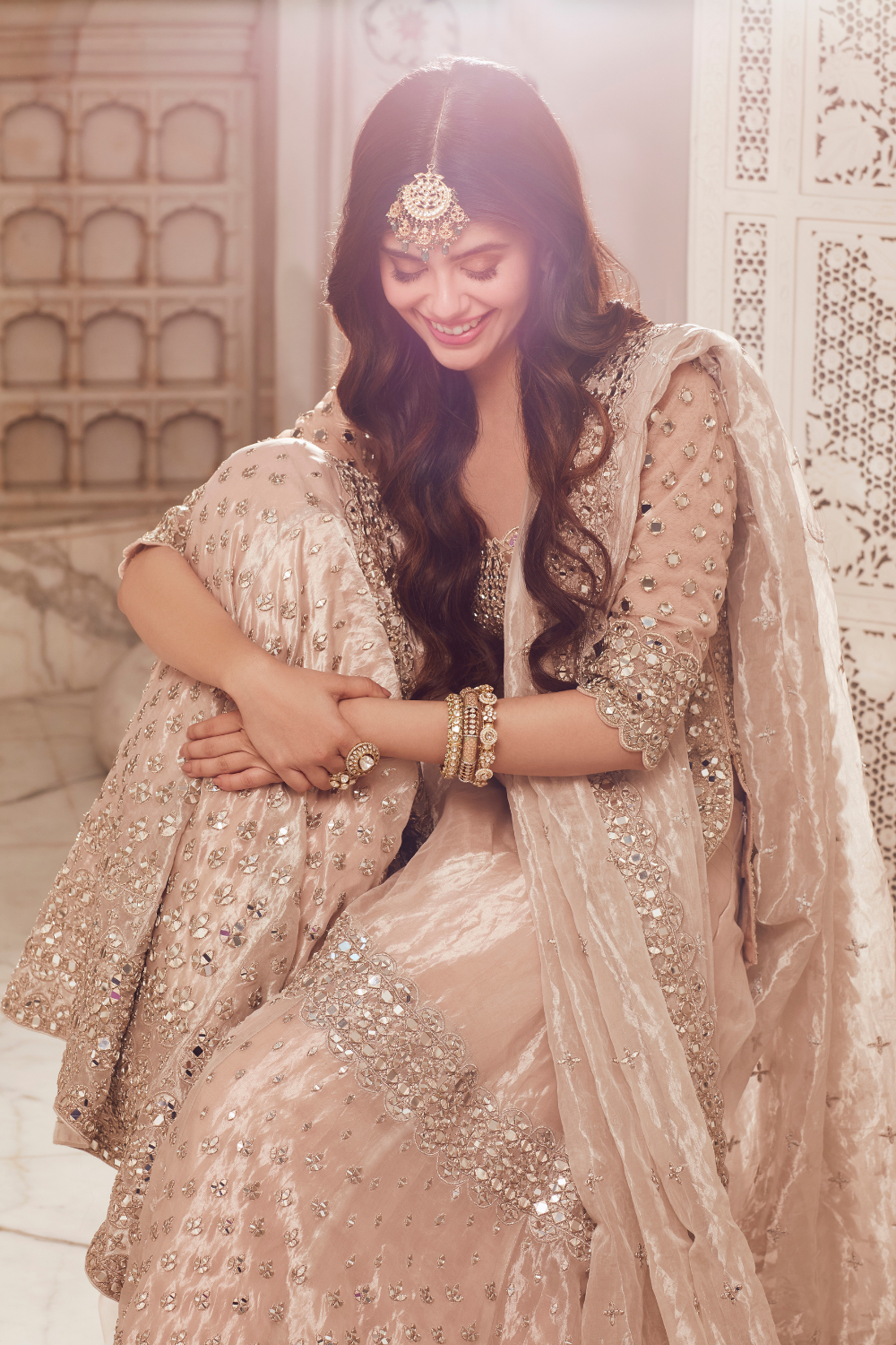 Champagne Silver Mirrorwork Tissue Organza Sharara (3-Piece) - Image 2