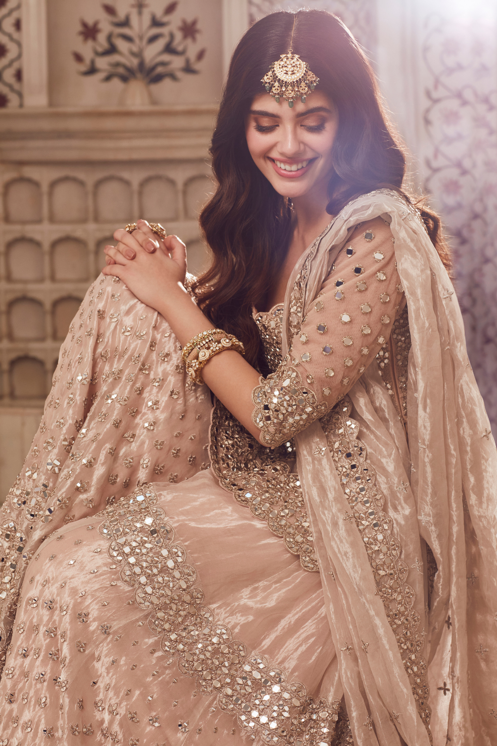 Champagne Silver Mirrorwork Tissue Organza Sharara (3-Piece) - Image 4