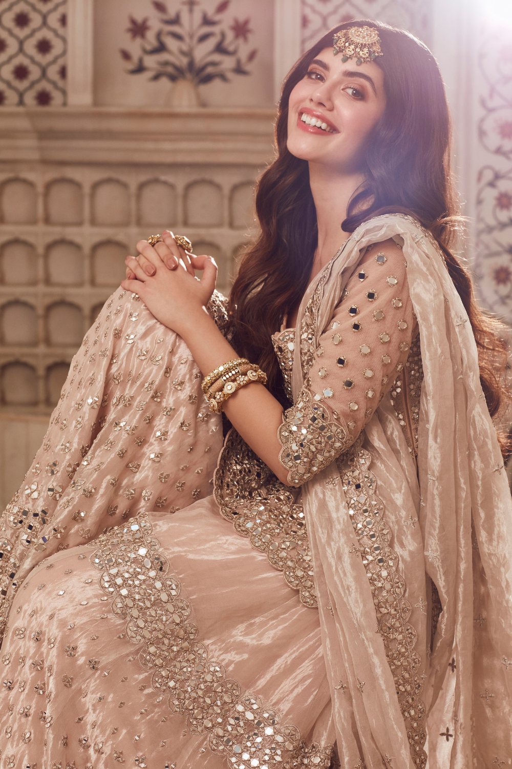 Champagne Silver Mirrorwork Tissue Organza Sharara (3-Piece) - Image 5