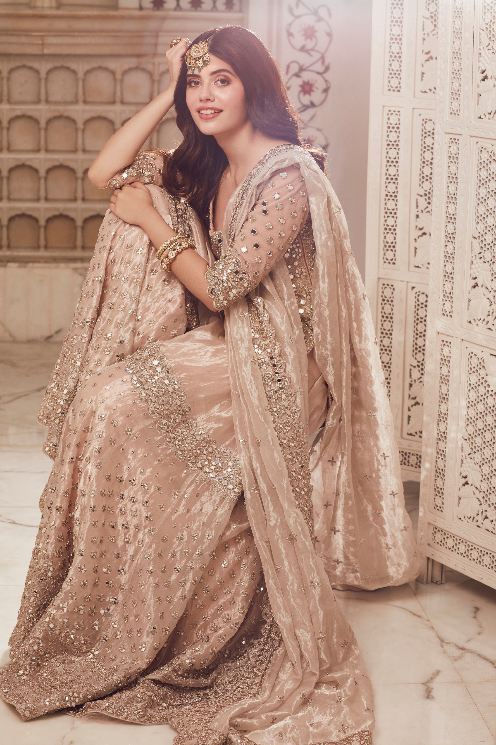 Champagne Silver Mirrorwork Tissue Organza Sharara (3-Piece) - Image 6