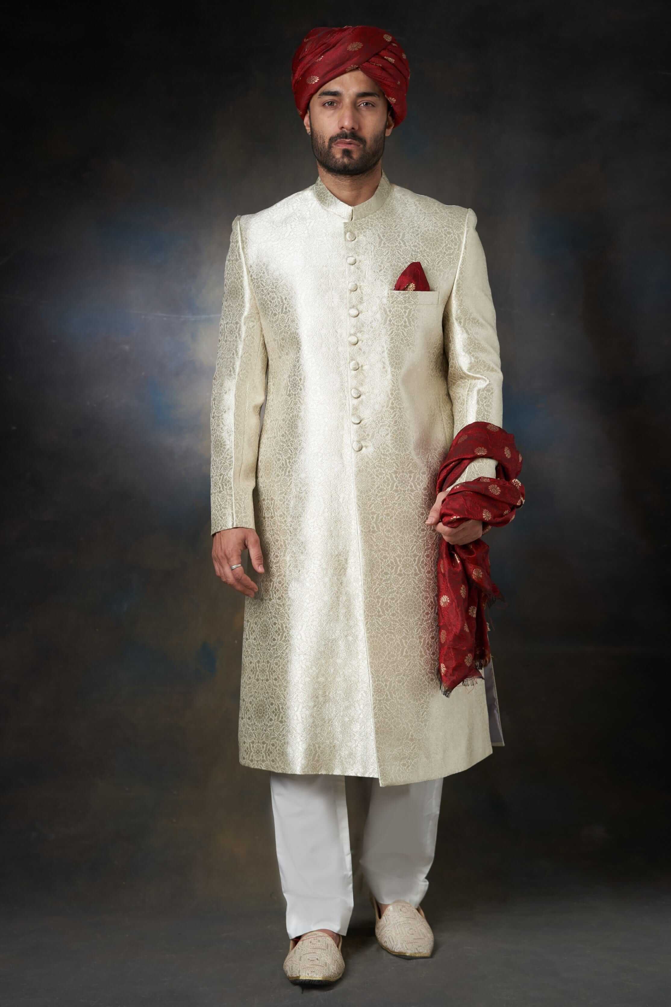 Silver Brocade Silk Sherwani (3-Piece) - Image 1
