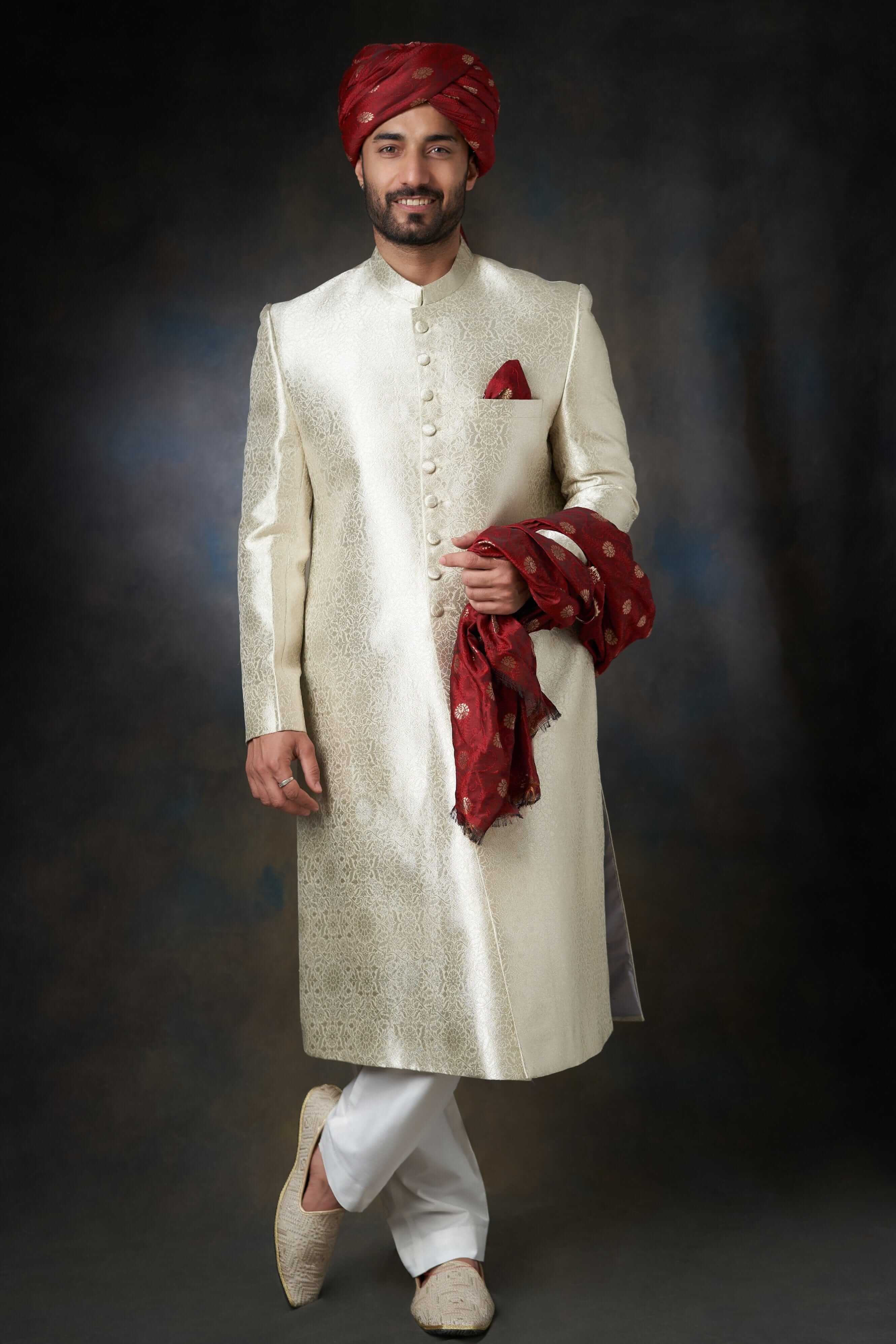 Silver Brocade Silk Sherwani (3-Piece) - Image 2