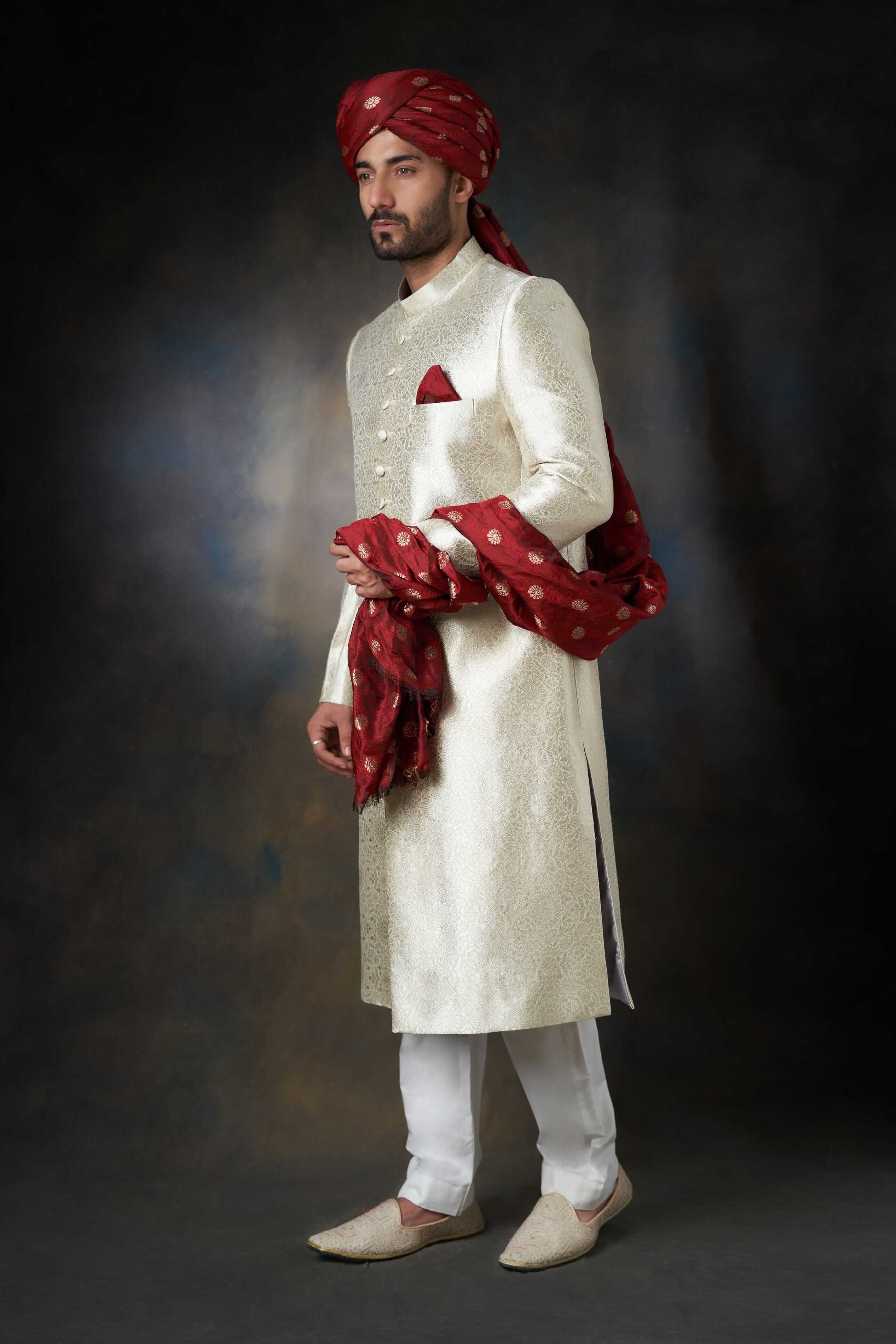 Silver Brocade Silk Sherwani (3-Piece) - Image 3