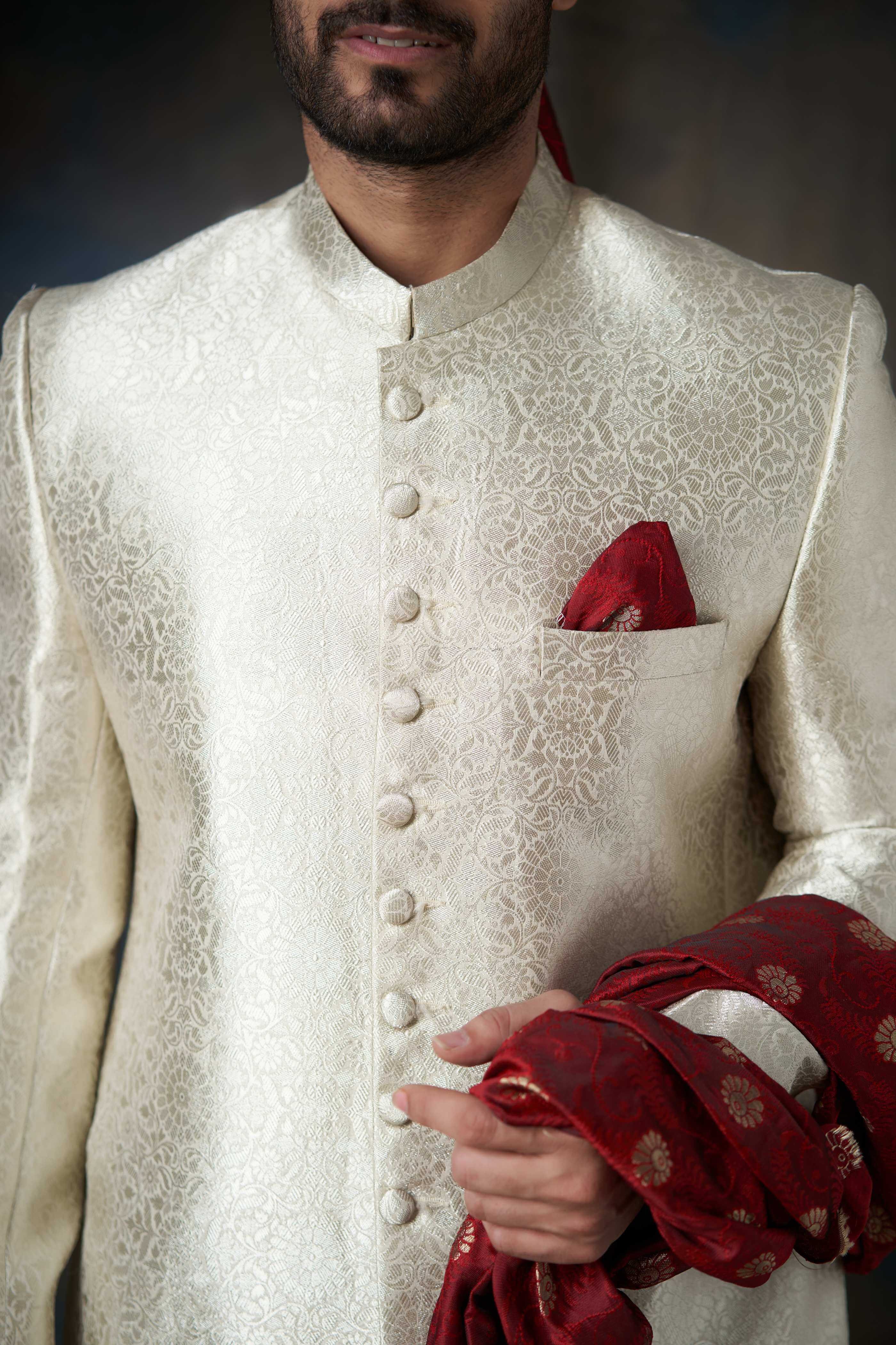 Silver Brocade Silk Sherwani (3-Piece) - Image 4