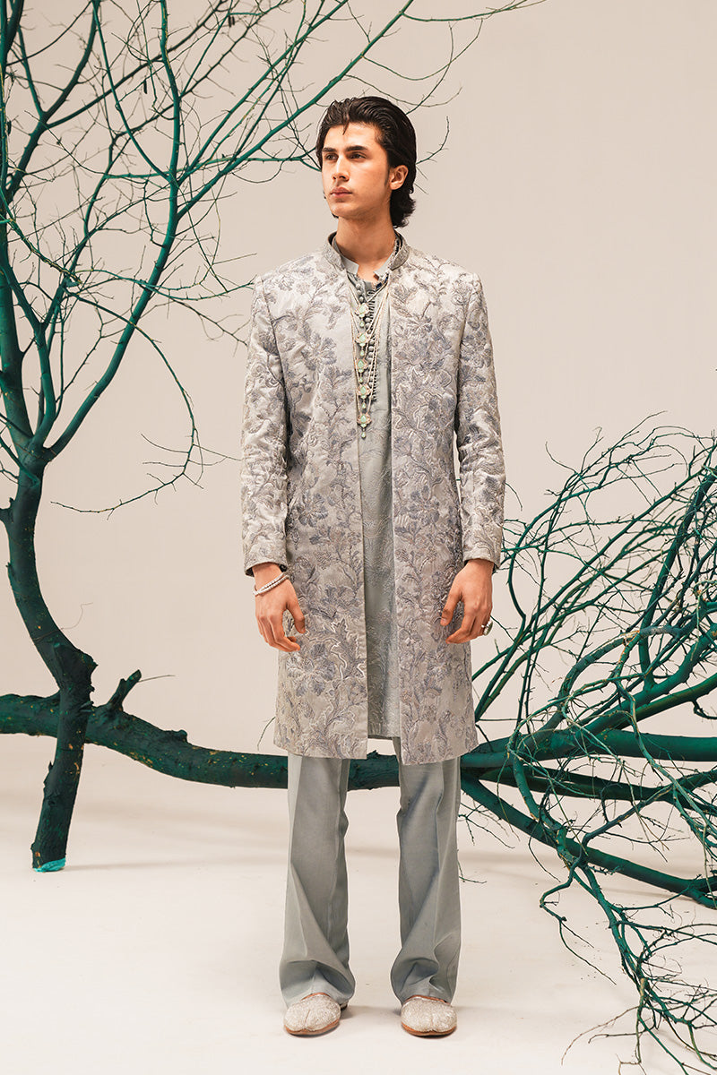 Silver Grey Hand-Embroidered Silk-Blend Sherwani (2-Piece) - Image 1