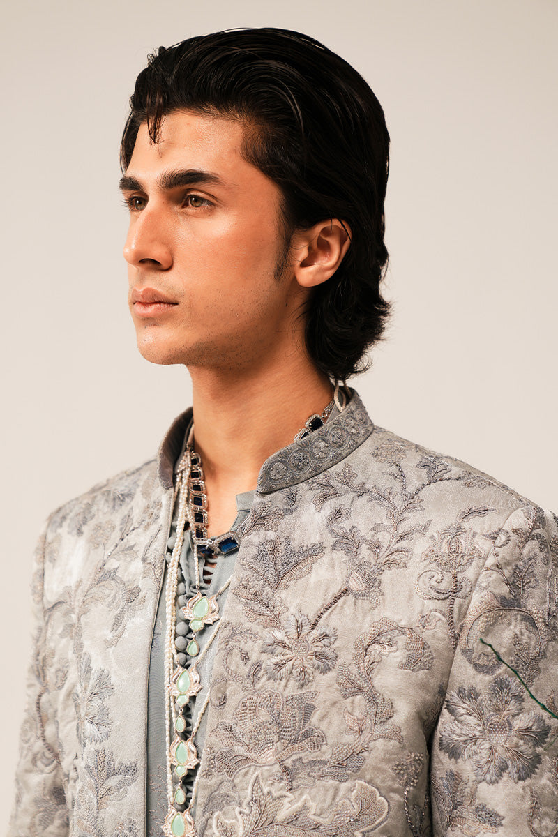 Silver Grey Hand-Embroidered Silk-Blend Sherwani (2-Piece) - Image 12