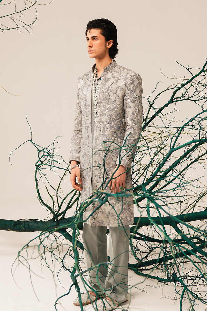 Silver Grey Hand-Embroidered Silk-Blend Sherwani (2-Piece) - Image 13