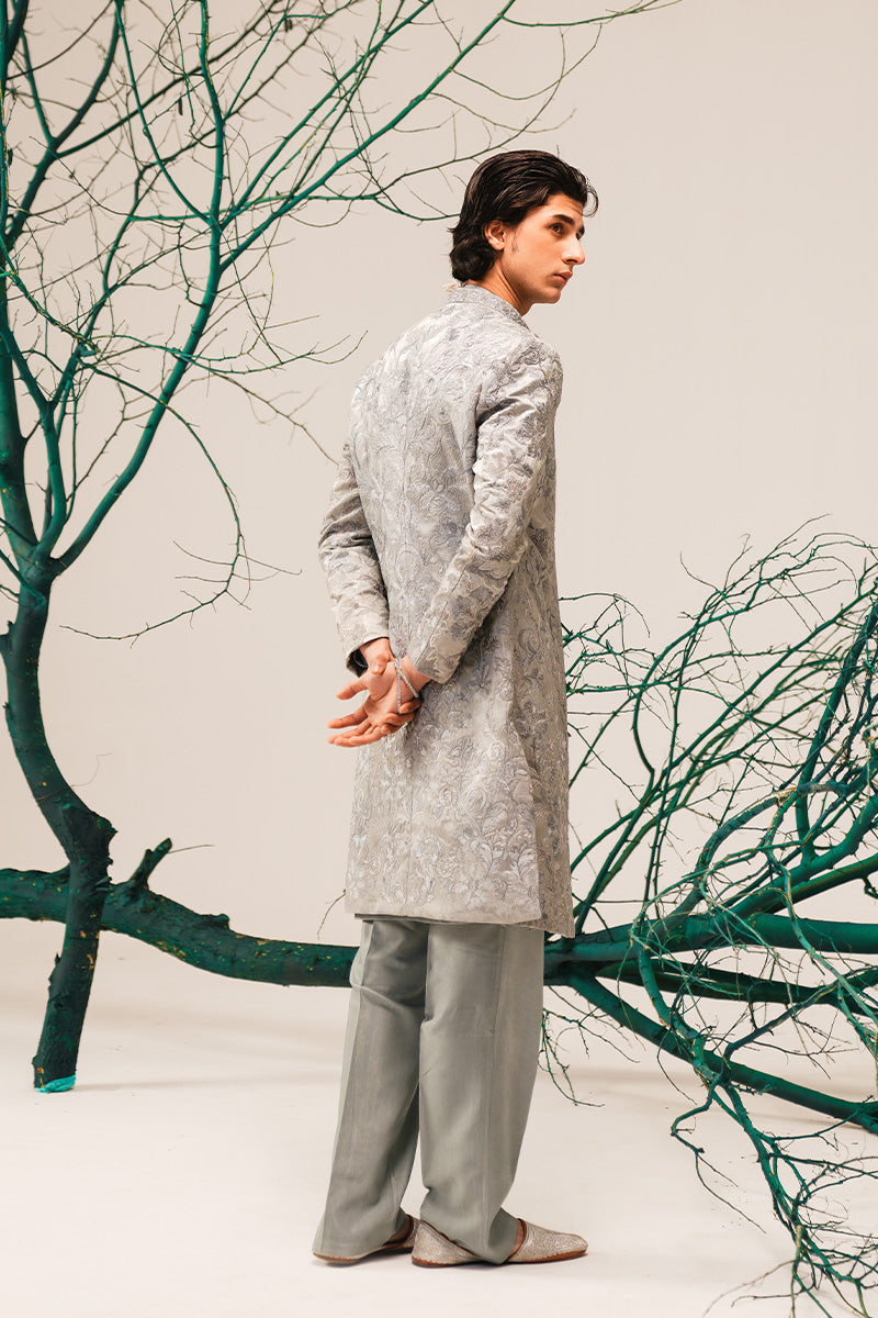 Silver Grey Hand-Embroidered Silk-Blend Sherwani (2-Piece) - Image 17