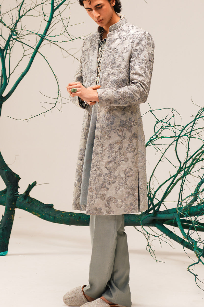 Silver Grey Hand-Embroidered Silk-Blend Sherwani (2-Piece) - Image 18