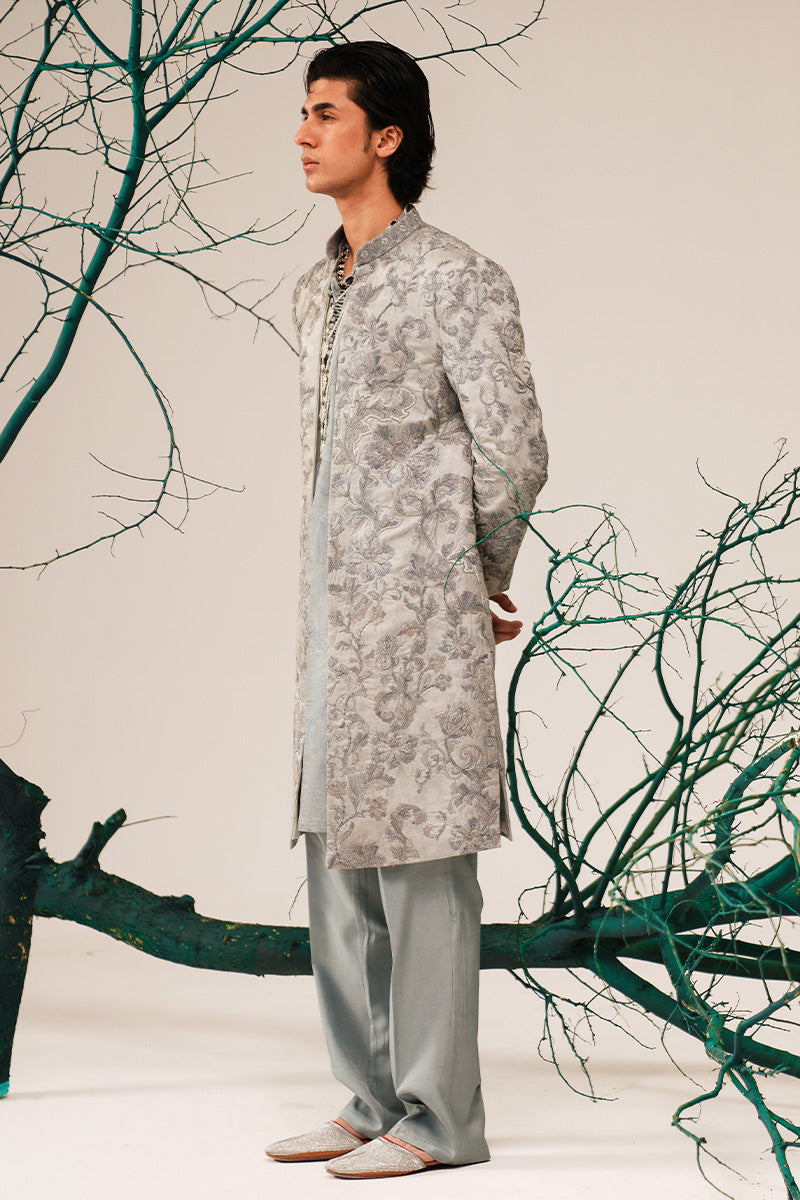 Silver Grey Hand-Embroidered Silk-Blend Sherwani (2-Piece) - Image 19