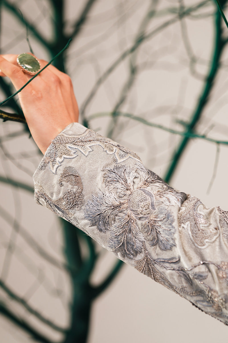 Silver Grey Hand-Embroidered Silk-Blend Sherwani (2-Piece) - Image 4