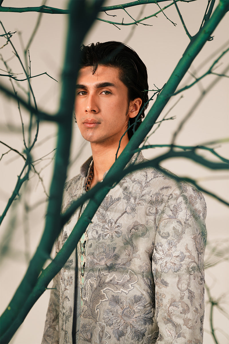 Silver Grey Hand-Embroidered Silk-Blend Sherwani (2-Piece) - Image 6
