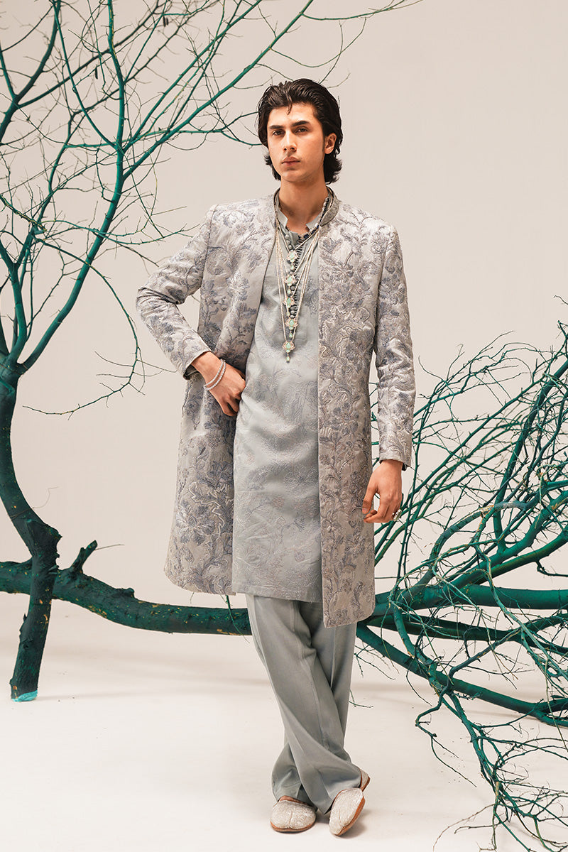Silver Grey Hand-Embroidered Silk-Blend Sherwani (2-Piece) - Image 7
