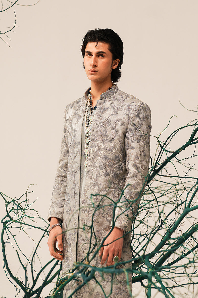 Silver Grey Hand-Embroidered Silk-Blend Sherwani (2-Piece) - Image 8