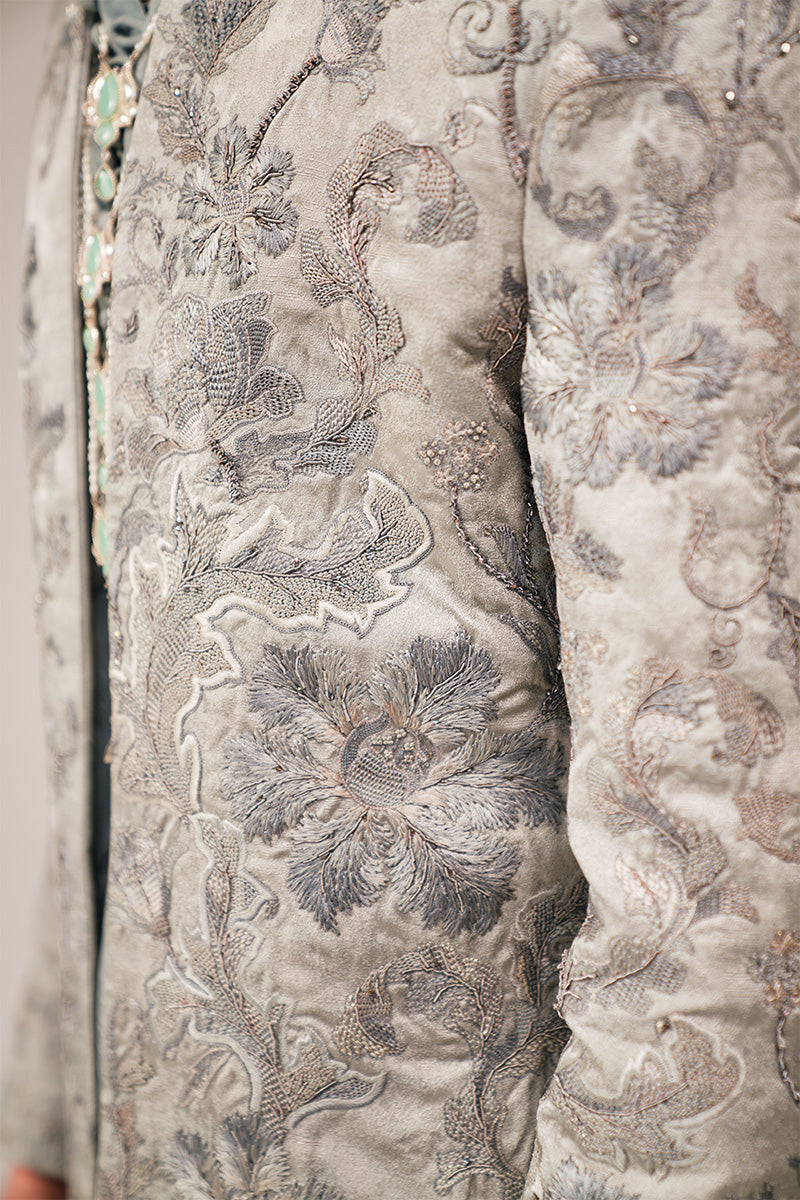 Silver Grey Hand-Embroidered Silk-Blend Sherwani (2-Piece) - Image 9