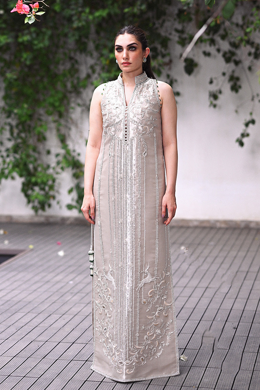 Silver Embroidered Tissue Column Shirt (2-Piece) - Image 1