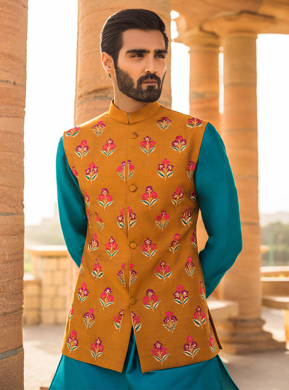 Chrome Embroidered Cotton Silk Waistcoat Kurta (3-Piece) - Image 1