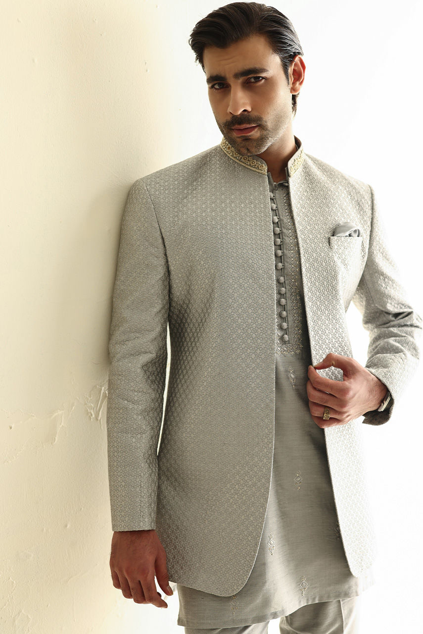 Silver Handworked Khaddi Silk Waistcoat Kurta (3-Piece) - Image 2