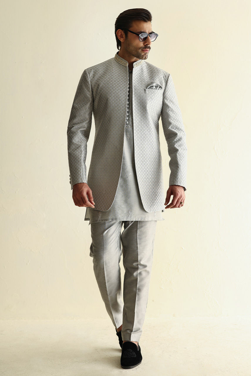 Silver Handworked Khaddi Silk Waistcoat Kurta (3-Piece) - Image 4