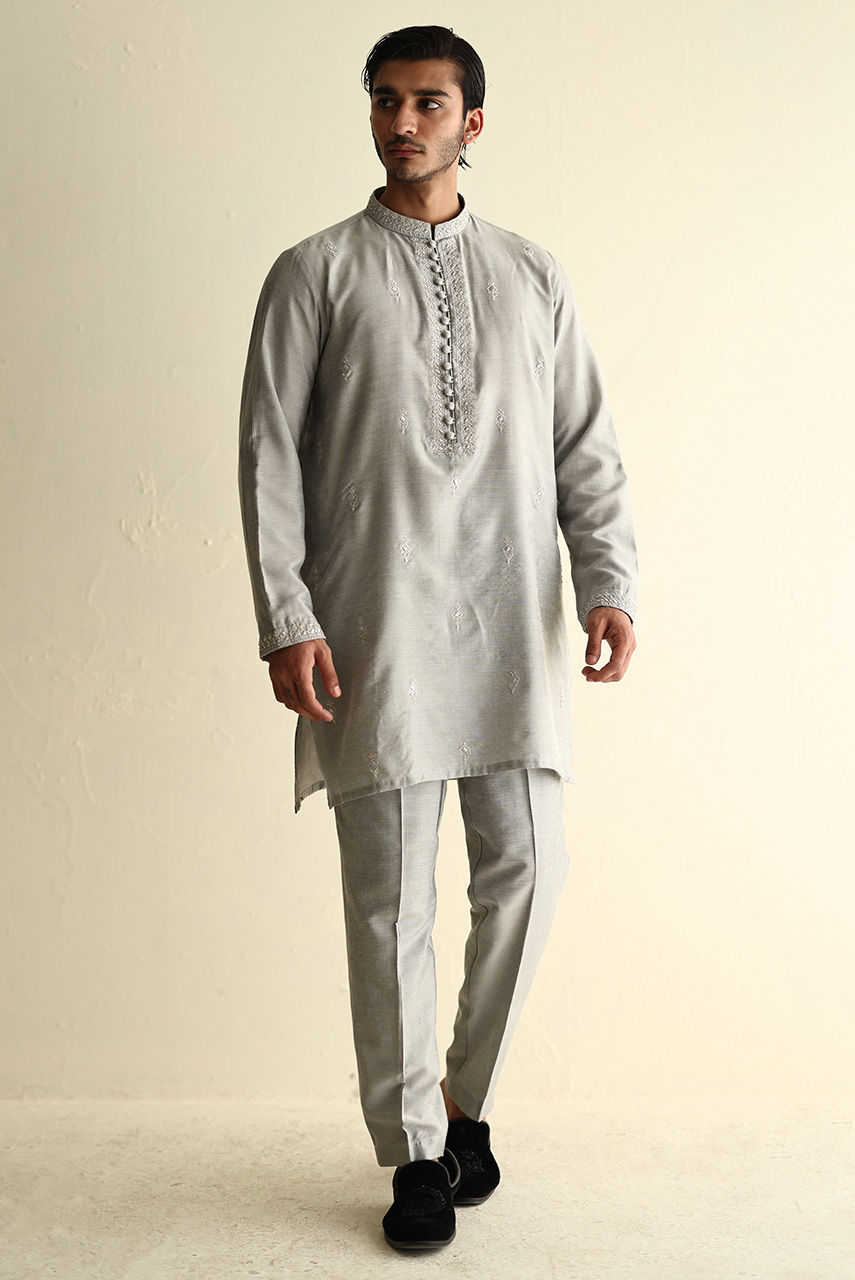 Silver Handworked Khaddi Silk Waistcoat Kurta (3-Piece) - Image 6