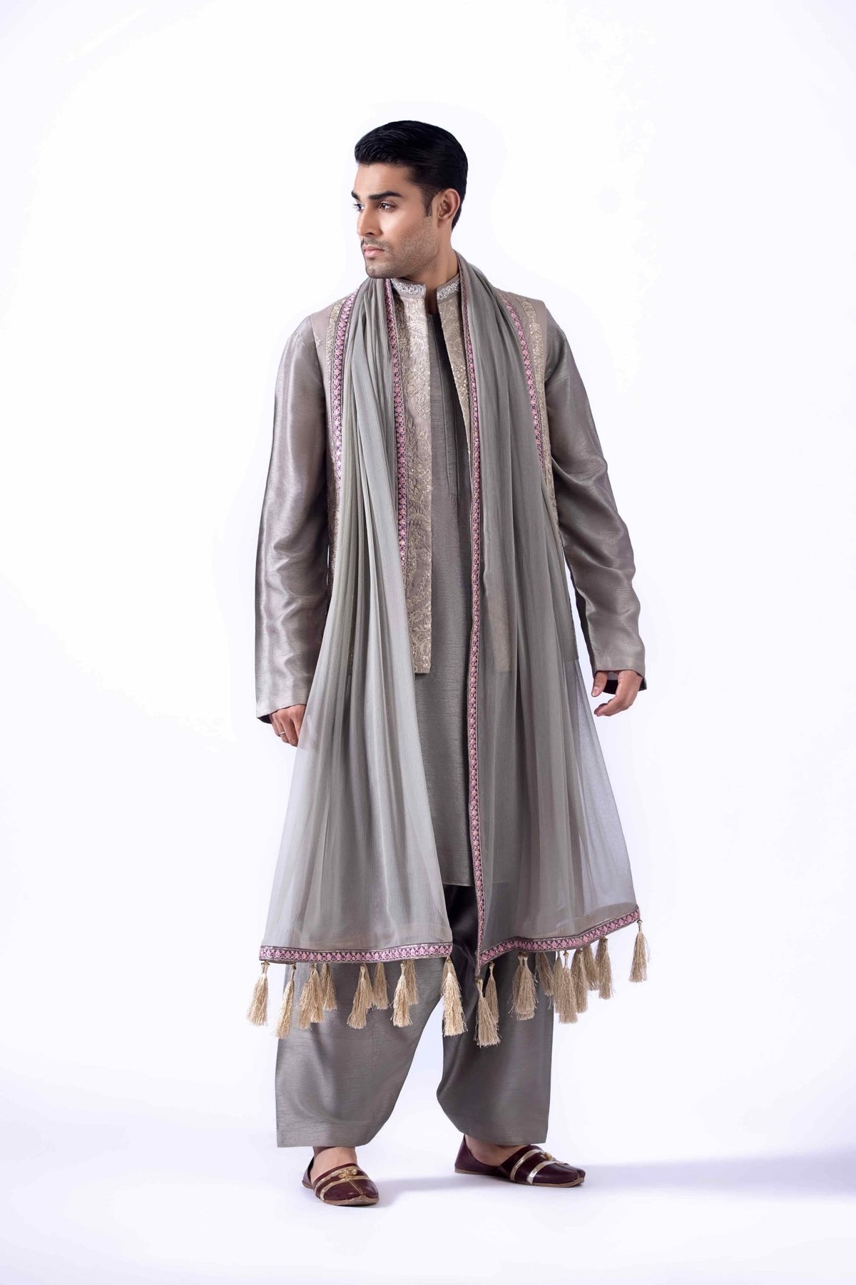 Muted Silver-Grey Zardozi Embroidered Waistcoat Kurta (4-Piece) - Image 1