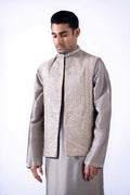 Muted Silver-Grey Zardozi Embroidered Waistcoat Kurta (4-Piece) - Image 6