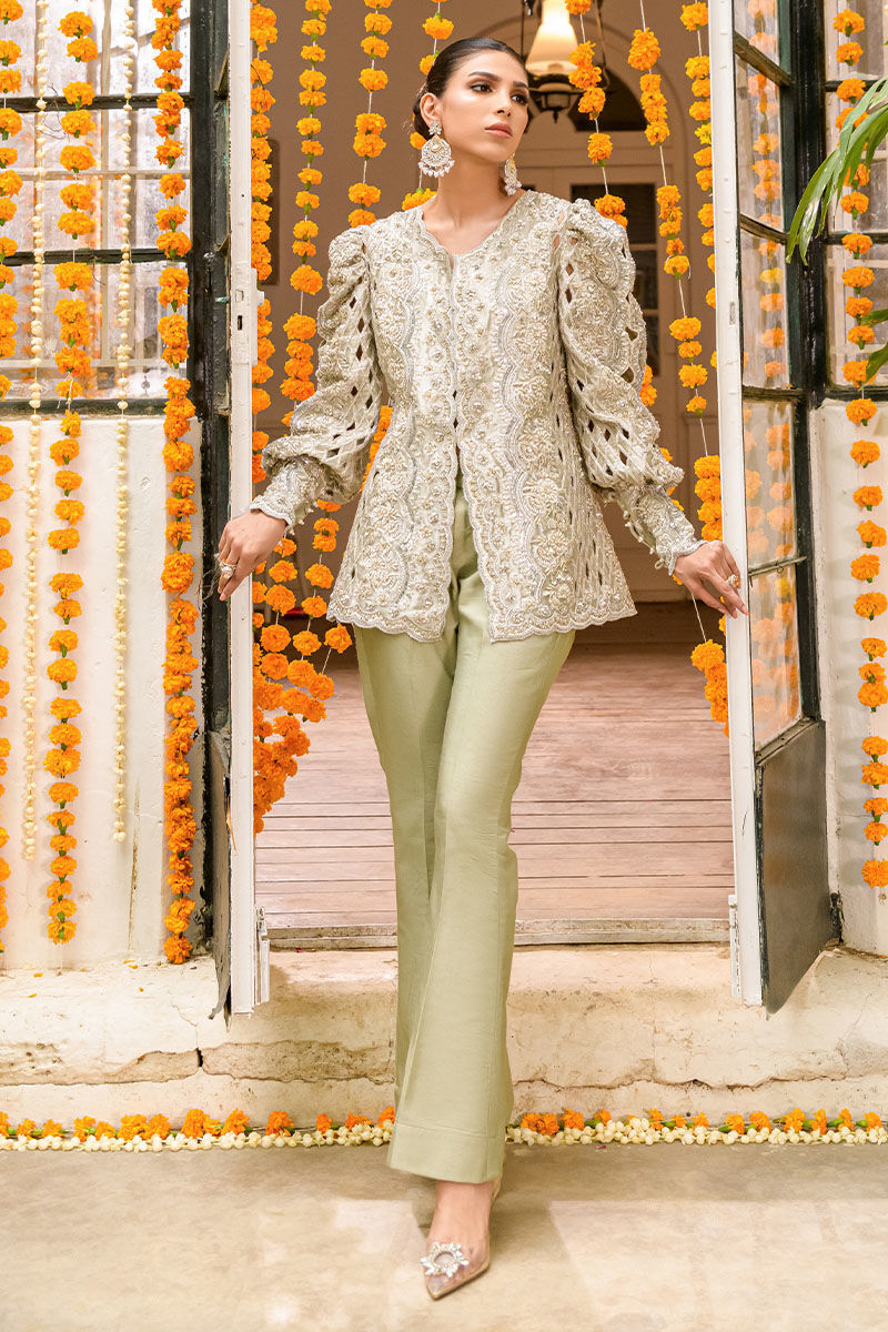 Silver Zari Embroidered Cutwork Jacket Co-ord Set (2-Piece) - Image 1