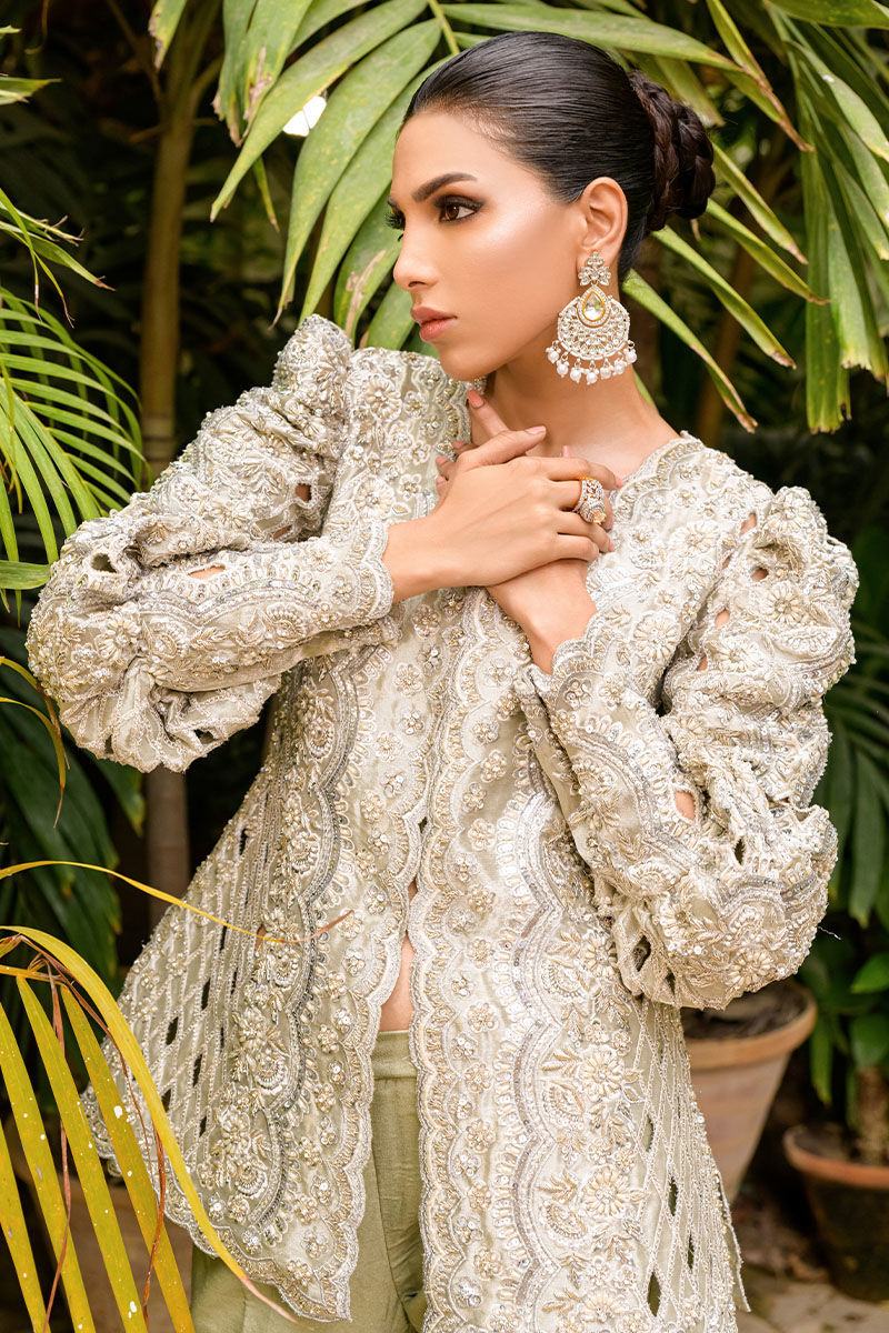 Silver Zari Embroidered Cutwork Jacket Co-ord Set (2-Piece) - Image 2