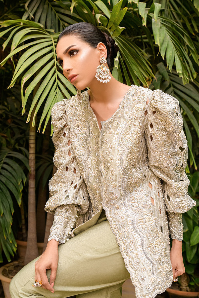 Silver Zari Embroidered Cutwork Jacket Co-ord Set (2-Piece) - Image 5