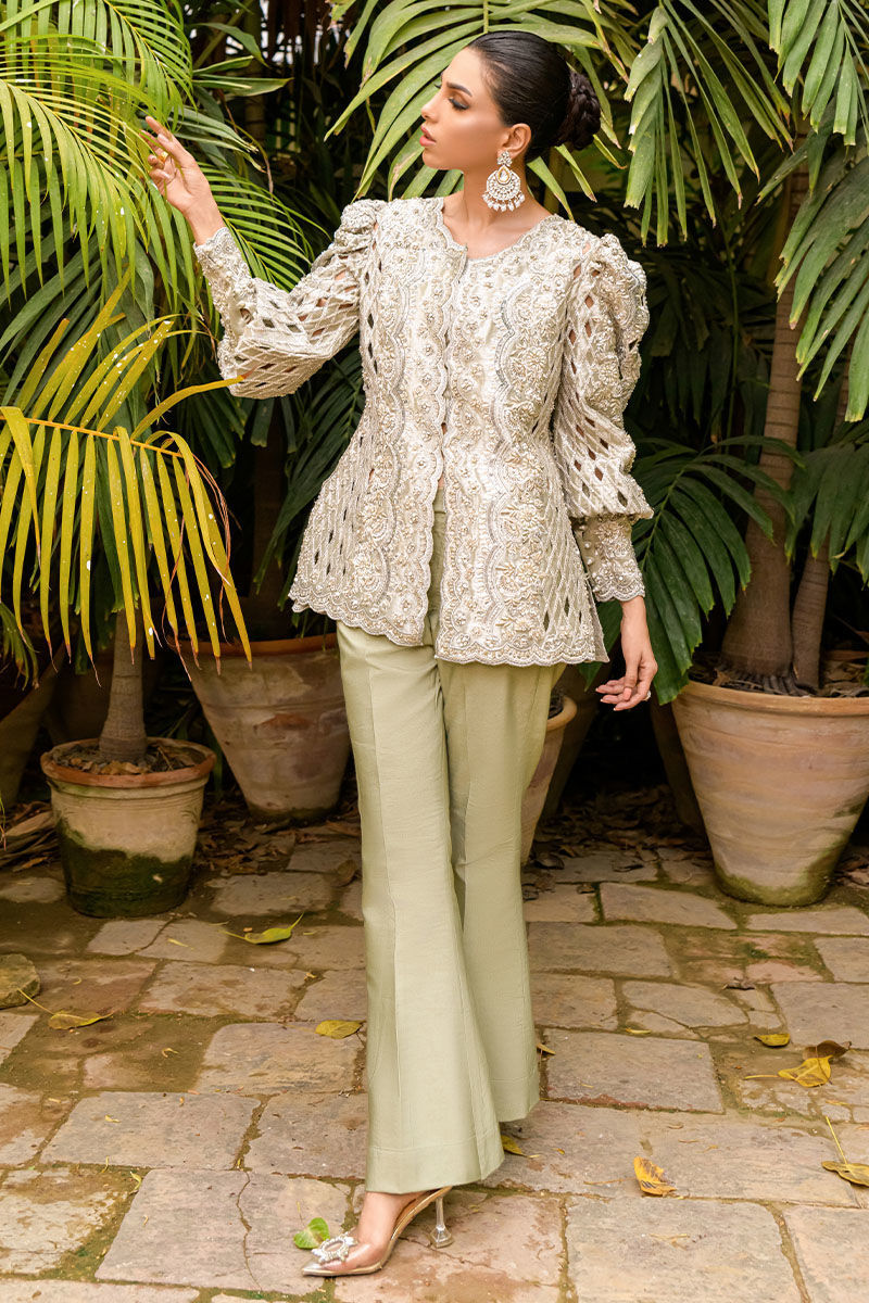 Silver Zari Embroidered Cutwork Jacket Co-ord Set (2-Piece) - Image 6