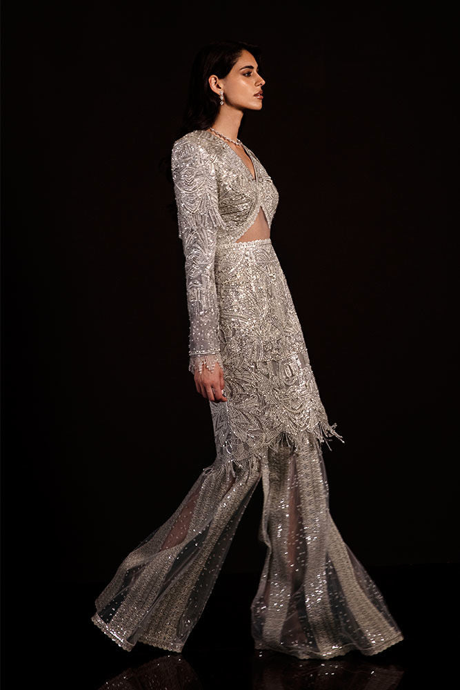 Aqua Crystal-Embellished Net Jacket & Wide-Leg Pants (2-Piece) - Image 2