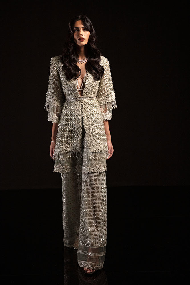 Aqua Crystal-Embellished Net Jacket & Wide-Leg Pants (2-Piece) - Image 6