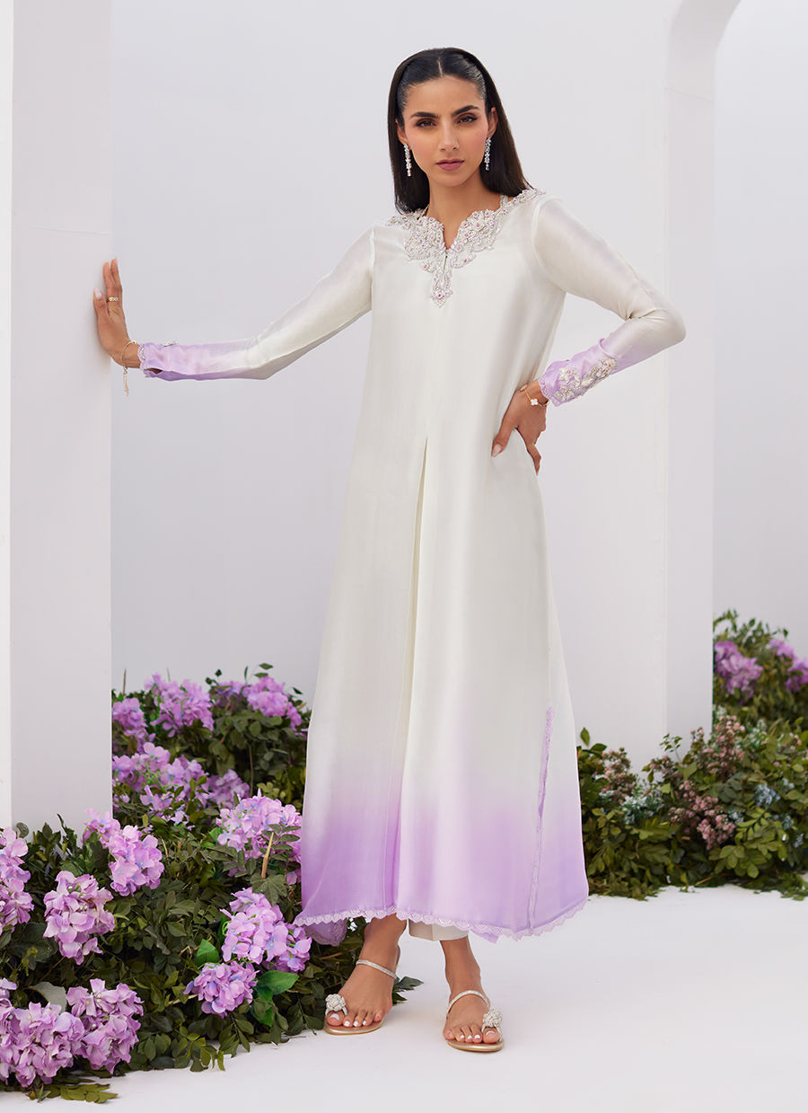Pakistani Silver Ombre Hand-Embellished Silk Kaftan Shirt (1-Pc) - Image 2