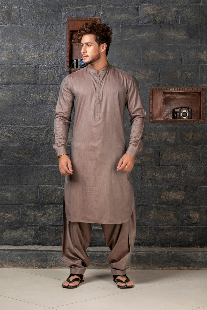 Silver-Taupe Textured Shalwar Kameez (2-Piece) - Image 1
