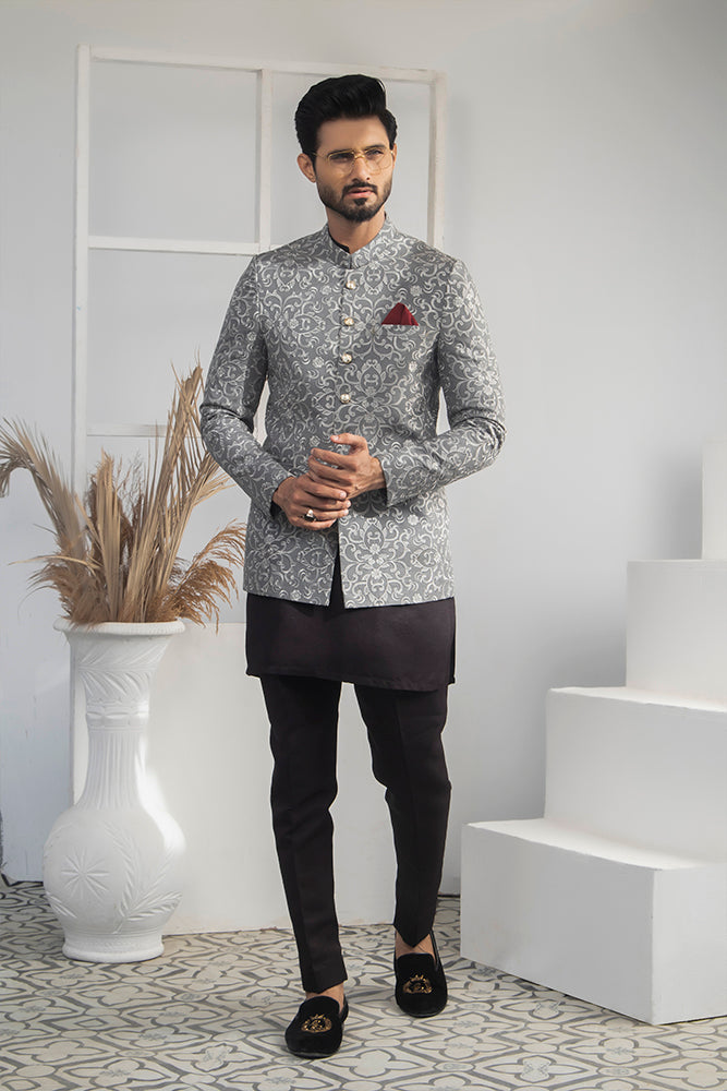 Silver Grey Jacquard Prince Coat (3-Piece) - Image 1