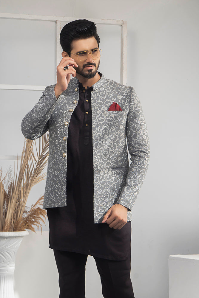 Silver Grey Jacquard Prince Coat (3-Piece) - Image 2