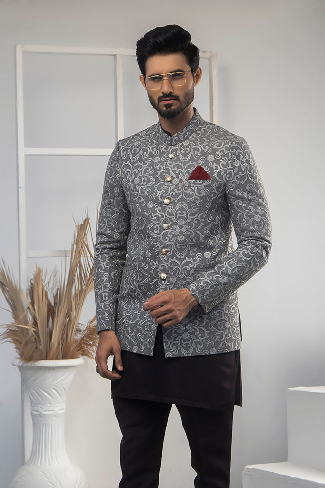 Silver Grey Jacquard Prince Coat (3-Piece) - Image 3