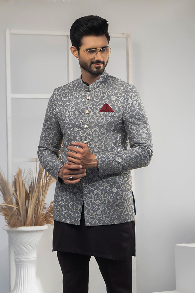 Silver Grey Jacquard Prince Coat (3-Piece) - Image 4