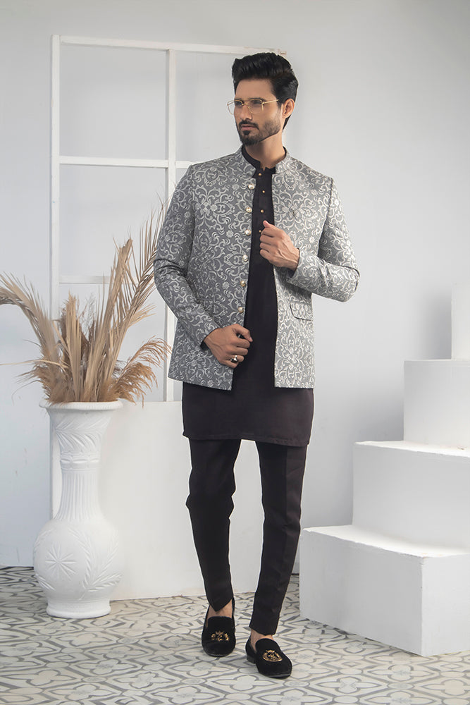 Silver Grey Jacquard Prince Coat (3-Piece) - Image 5