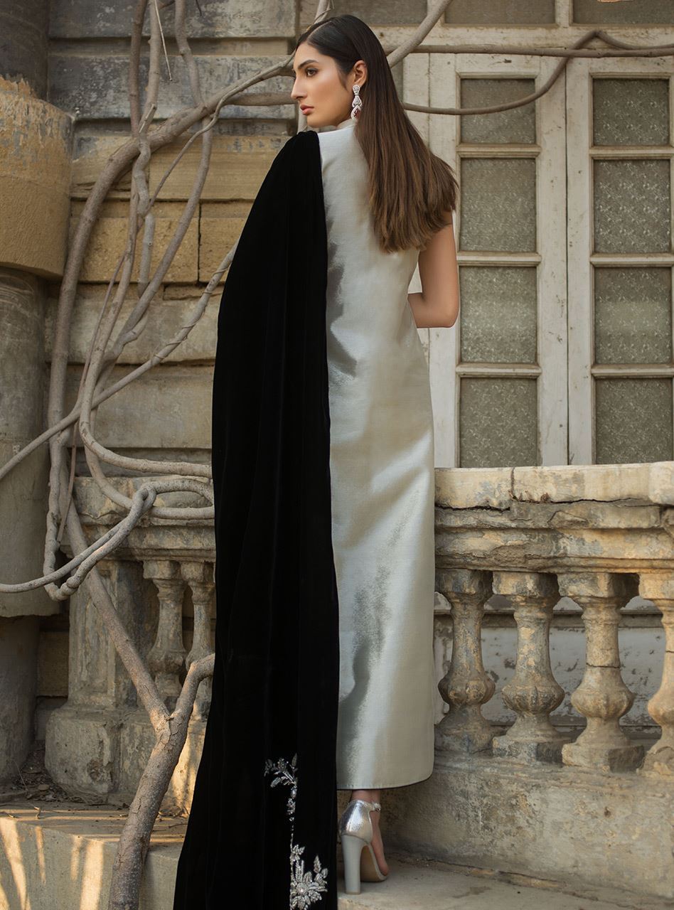 Pakistani Silver Embroidered Brocade Salwar Kameez (3-Piece) - Image 3